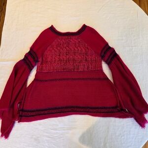 Free People Red Pink Bell Sleeve Mixed Knit Wool Blend Sweater OB552904 Small